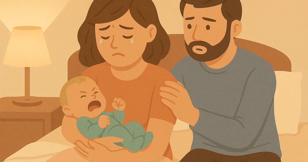 Illustration en flat design d’une jeune mère assise sur le lit avec son bébé, avec une expression triste et le soutien de son partenaire.