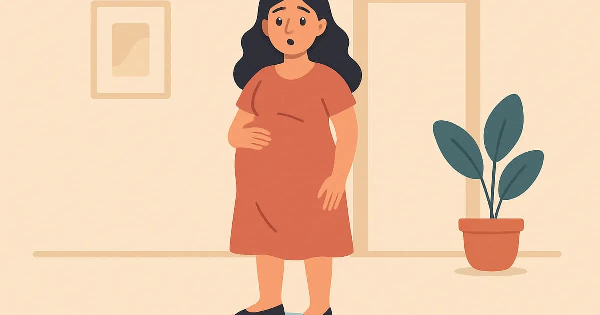 Pregnant woman with surprised expression and a small pool of water at her feet.