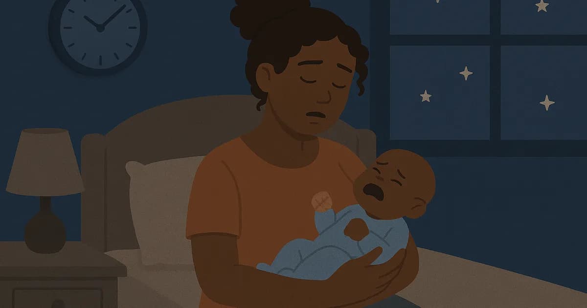 Müde Mutter hält ihr Baby nachts weinend in einem dunklen Raum mit Sternen draußen