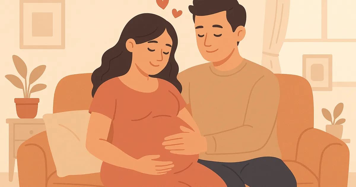 Illustration of a pregnant couple hugging tenderly on the sofa at home.