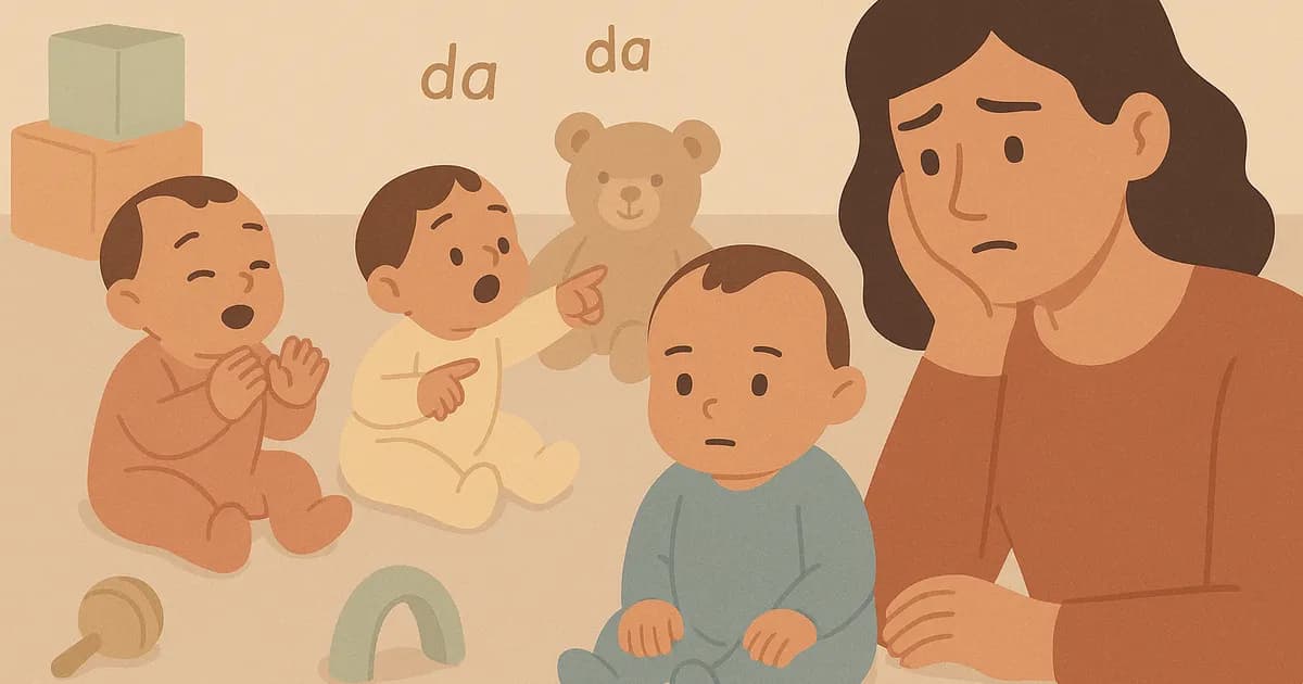 Illustration of a baby not speaking while other babies communicate, with a concerned mother watching.