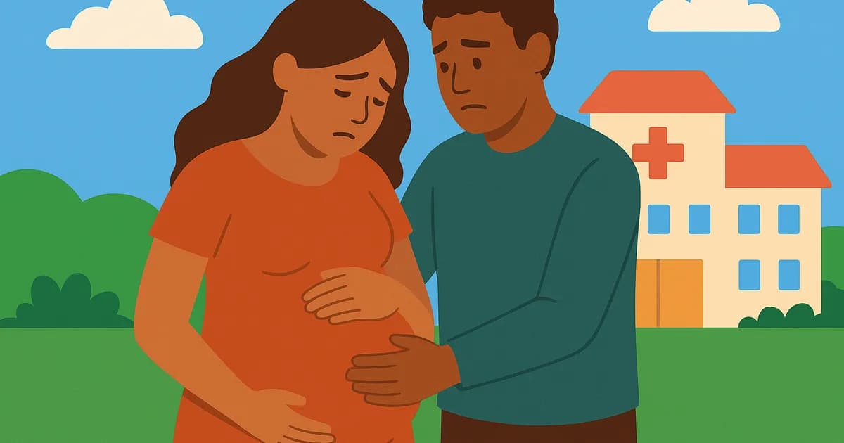 Ilustración de una mujer embarazada con señales de parto acompañada por su pareja.