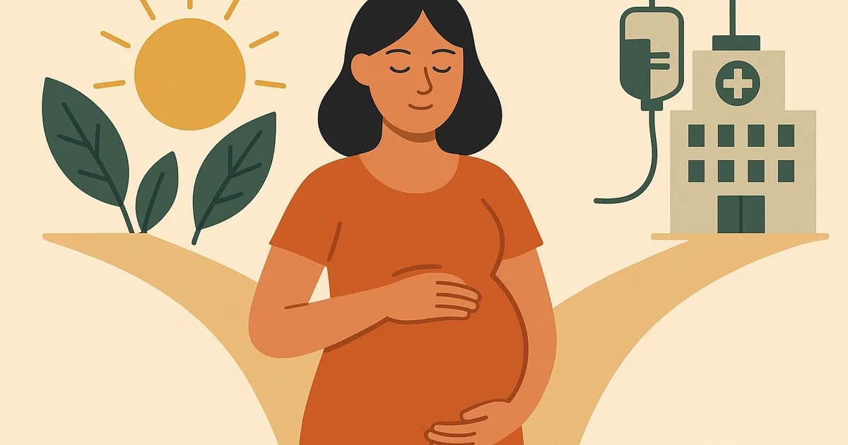 Illustration einer schwangeren Frau vor zwei Wegen: einem natürlichen und einem medizinischen, die die natürliche Geburt und die induzierte Geburt darstellen.