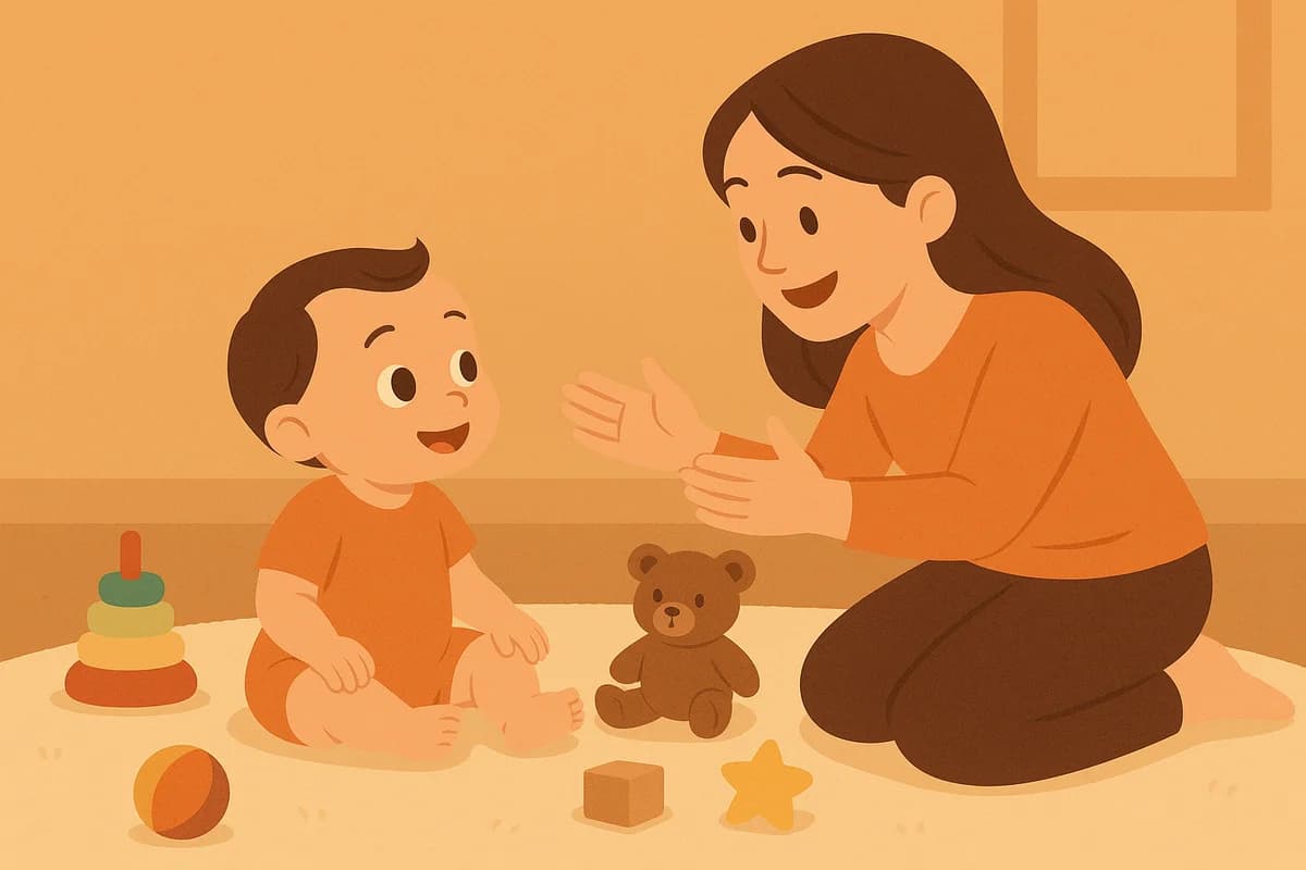 Bebé sentado en el suelo mientras su madre lo anima a moverse