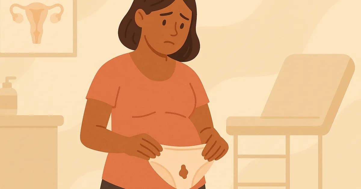 Illustration of a pregnant woman observing brown discharge in her underwear, with a worried expression.