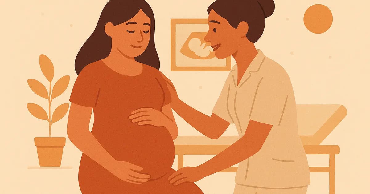 Illustrazione in design piatto di un'ostetrica che accompagna una donna incinta durante un controllo prenatale in una clinica.