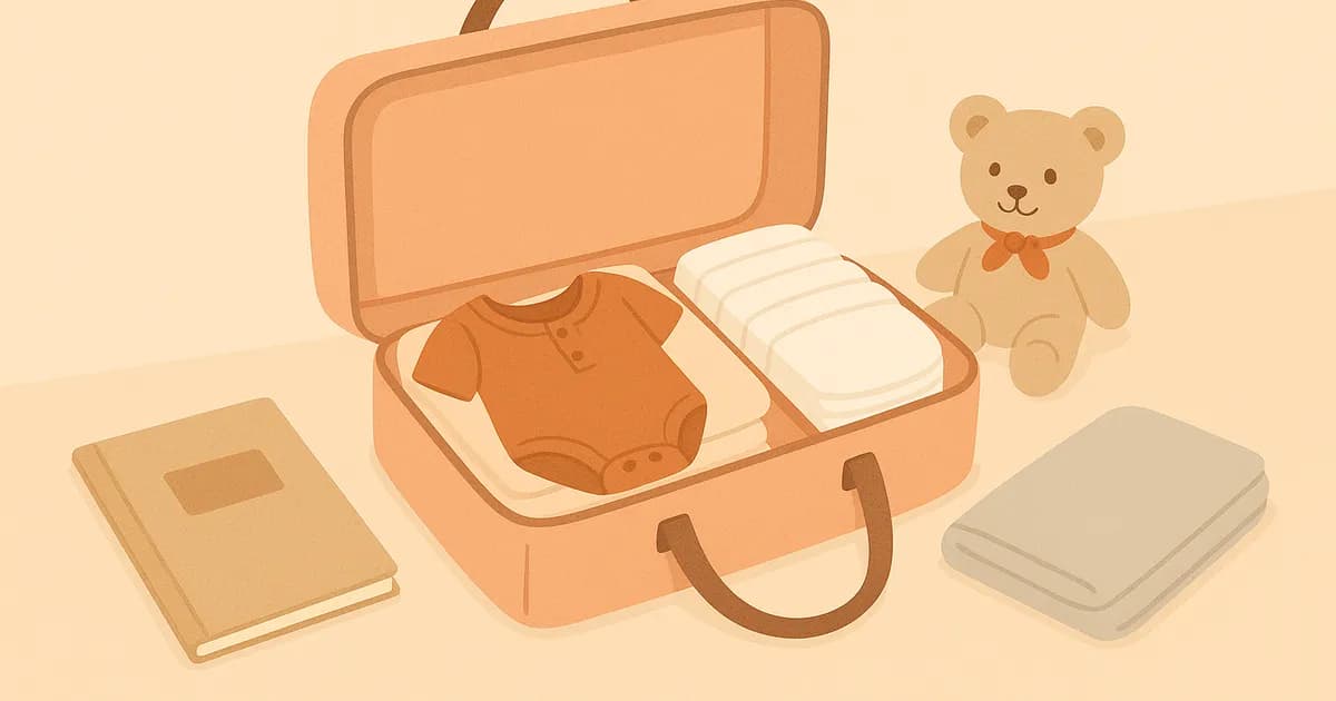 Open maternity bag with baby clothes, diapers and documents prepared for the hospital