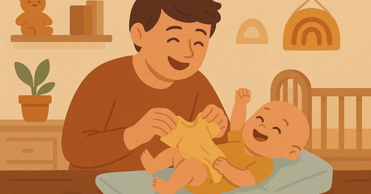 Illustration d’un bébé heureux alors qu’un père l’habille doucement dans une pièce douillette.