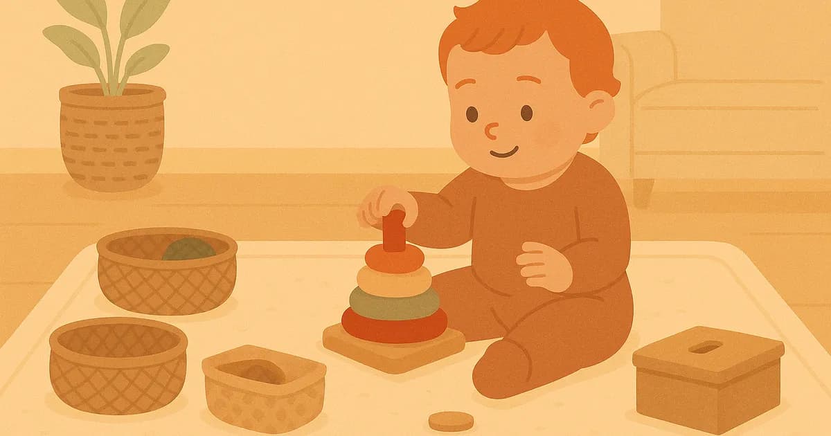 One-year-old baby playing with wooden Montessori toys on a soft carpet