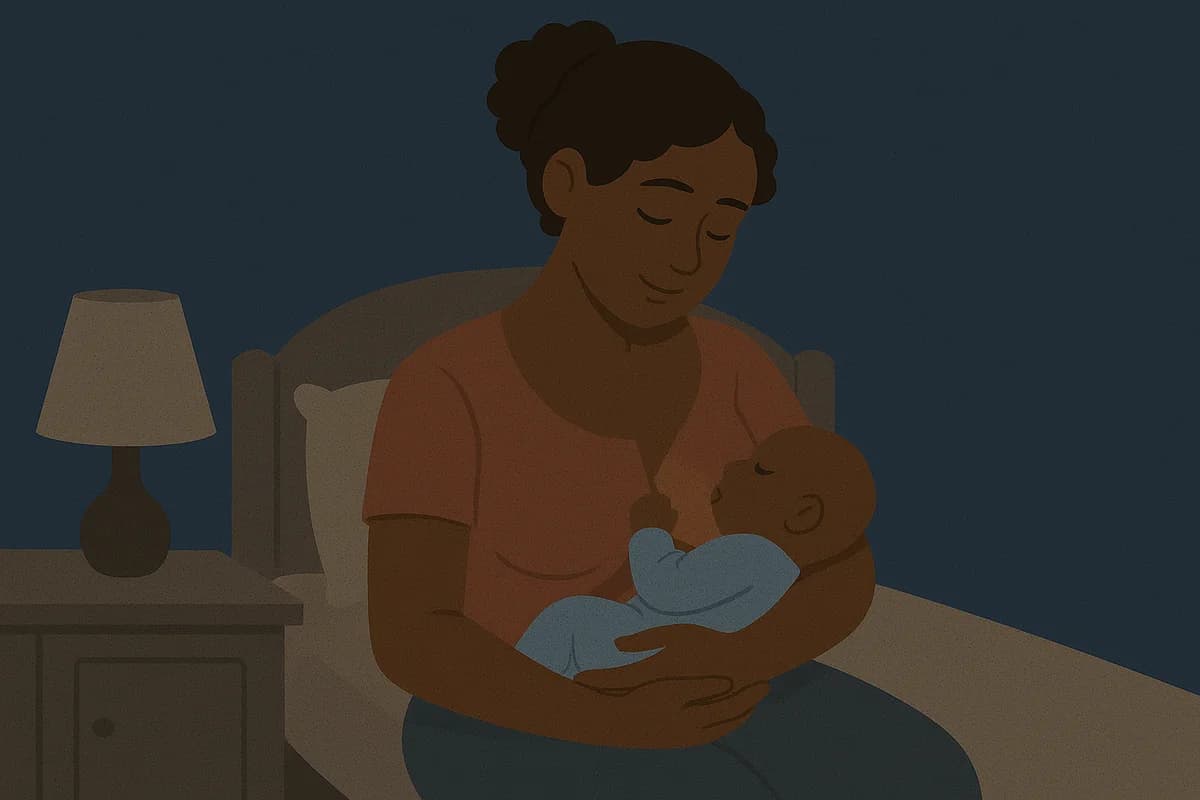 Mutter stillt ihr Baby nachts in einem Raum mit weichem Licht