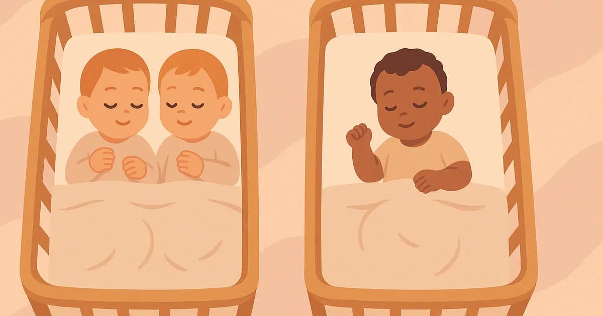 Illustration of a pair of babies in separate cribs.
