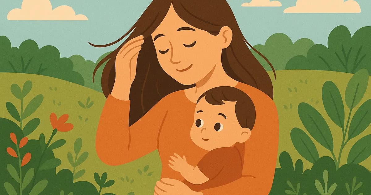 Illustration einer Mutter nach der Geburt, die ihr Haar streichelt, während sie ihr Baby hält, mit ein paar losen Strähnen.