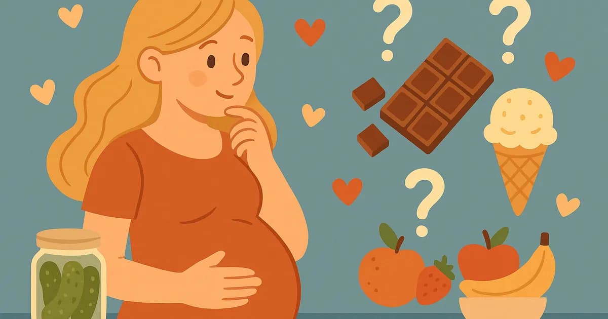 Pregnant woman looking at different foods with craving expression, flat design style.