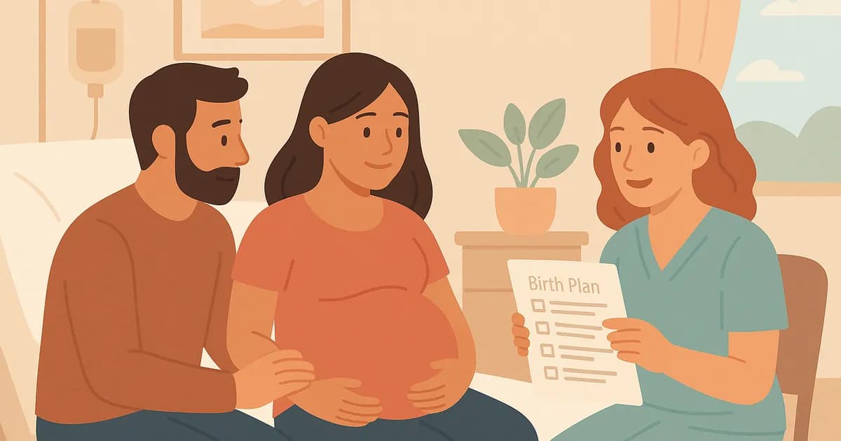 Pregnant woman and her partner reviewing a birth plan with a midwife in a welcoming hospital setting.
