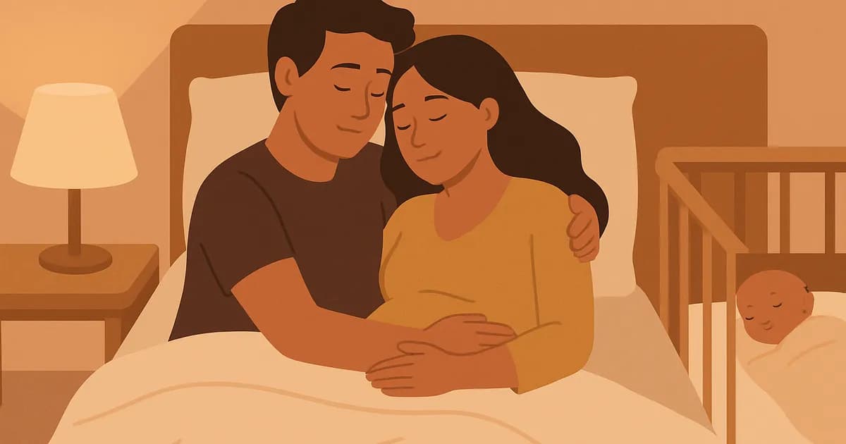 Pareja abrazándose con ternura en la cama mientras su bebé duerme en una cuna cercana.