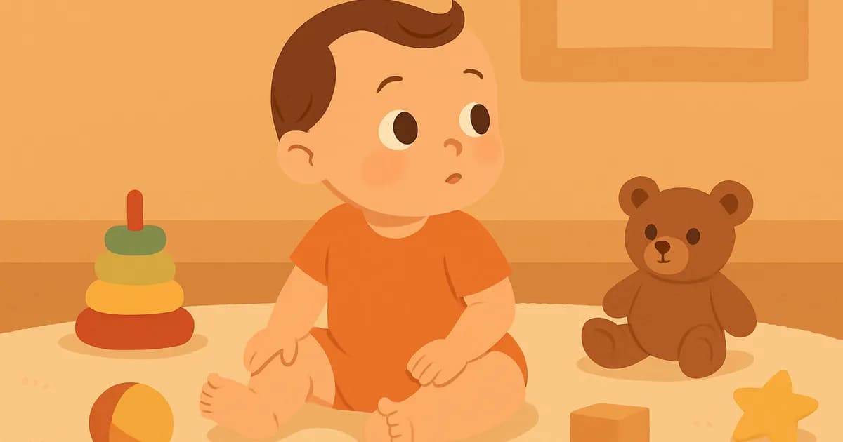 Baby sitting on a carpet looking around curiously, surrounded by toys