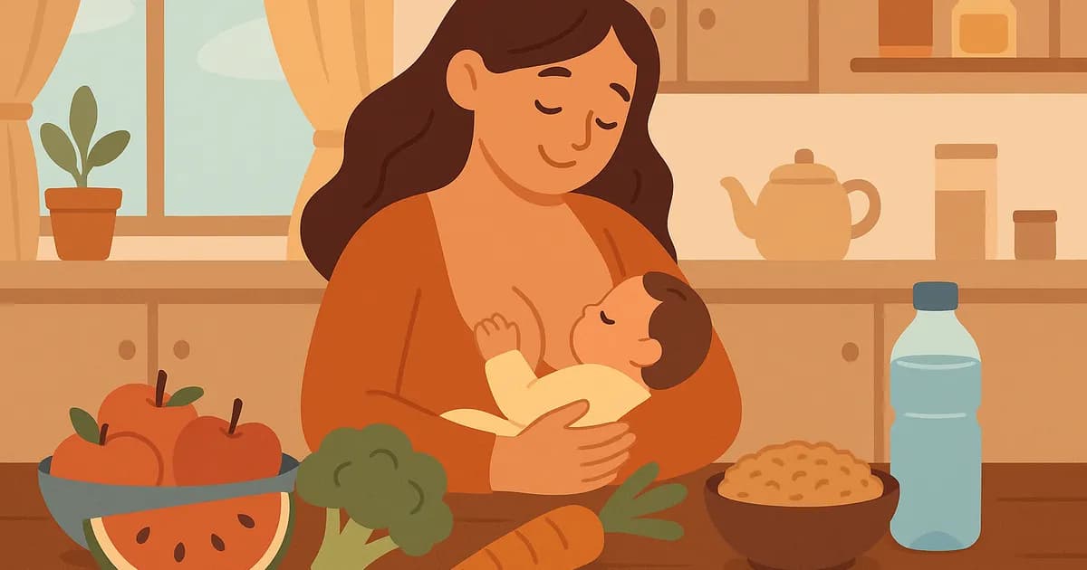 Mutter stillt ihr Baby in einer gemütlichen Küche, mit gesundem Essen auf dem Tisch.