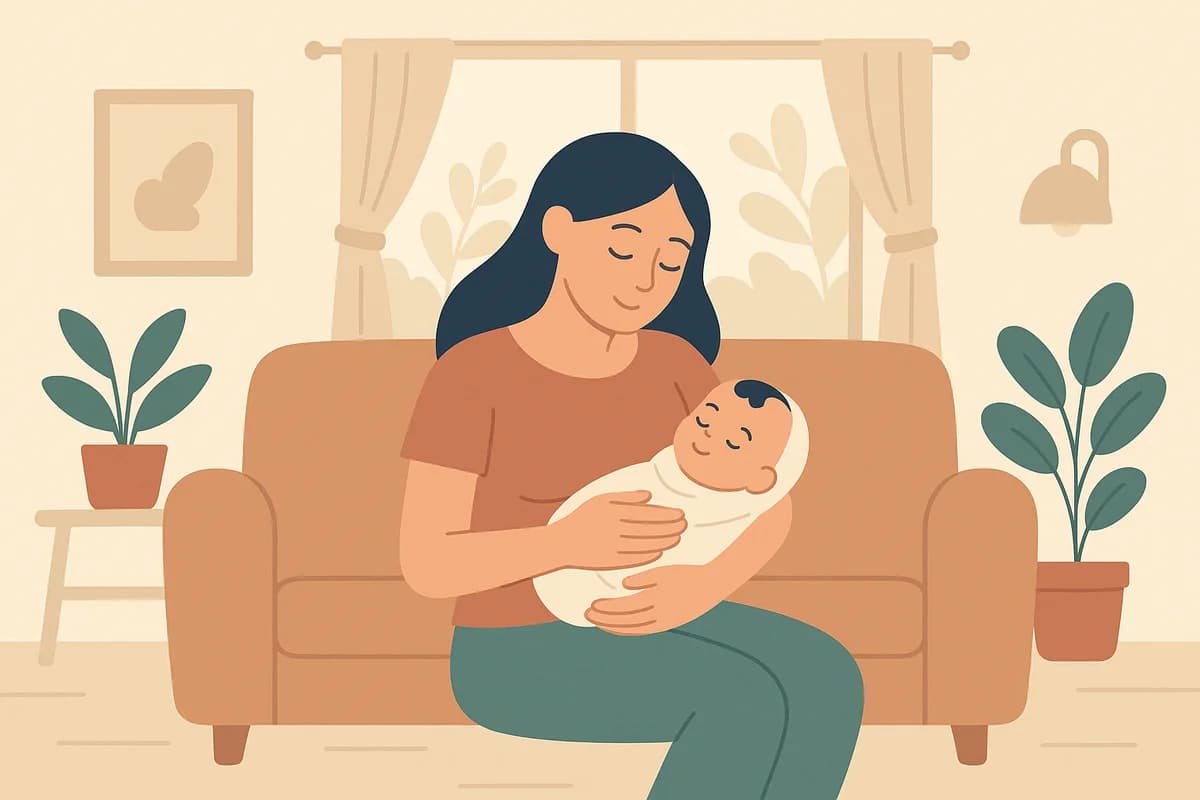 Madre con su bebé durante el puerperio en un entorno tranquilo