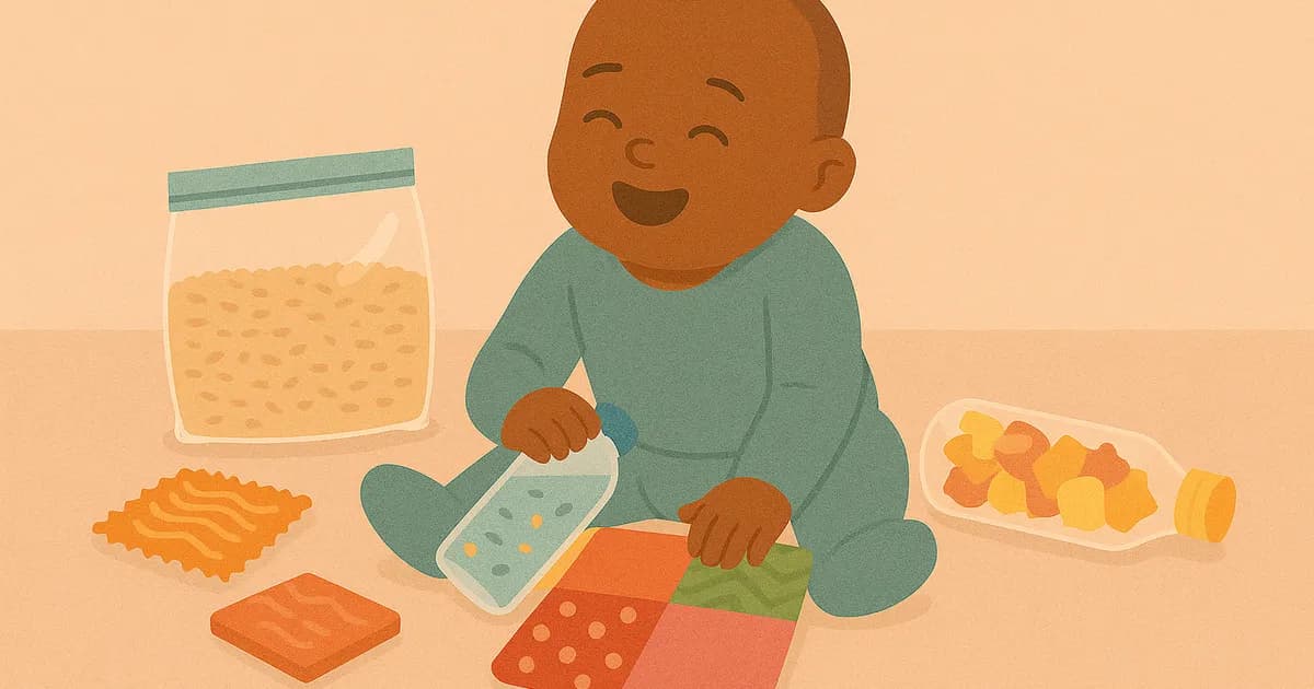 Bébé explore des jouets sensoriels faits maison à partir de riz, de tissus et de bouteilles en plastique, dans un environnement mignon et coloré.