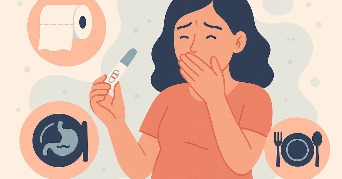 Illustration einer Frau, die frühe Schwangerschaftssymptome wie Hunger und Stimmungsschwankungen bemerkt.
