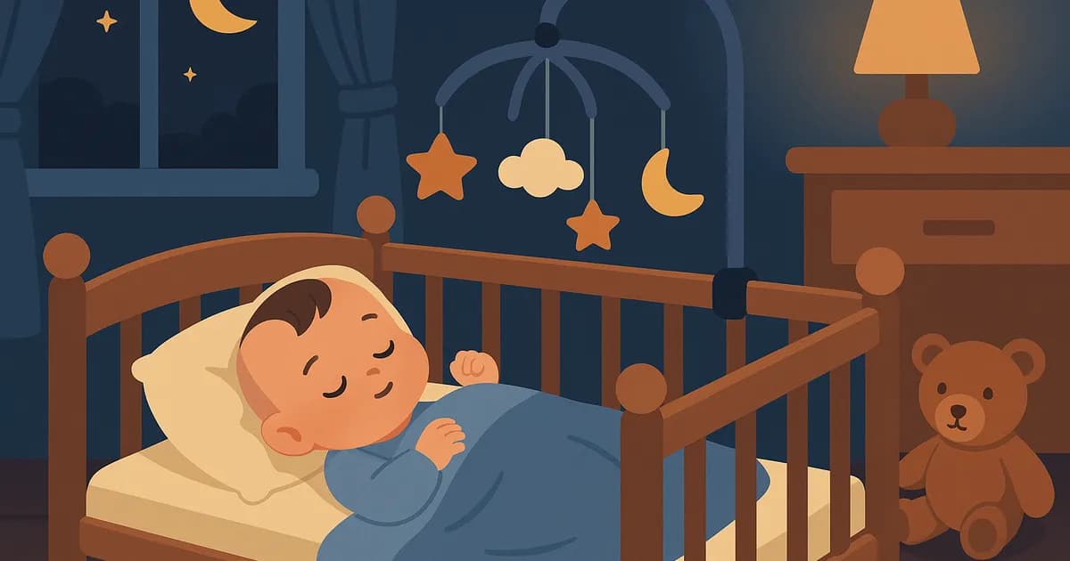 Illustration of a baby sleeping peacefully in his crib at night, with soft light and cozy atmosphere.