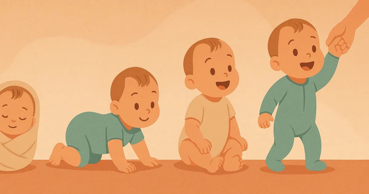 Horizontal illustration in flat design style of a baby showing different developmental milestones during his first year, in a tender and clear environment, without text.