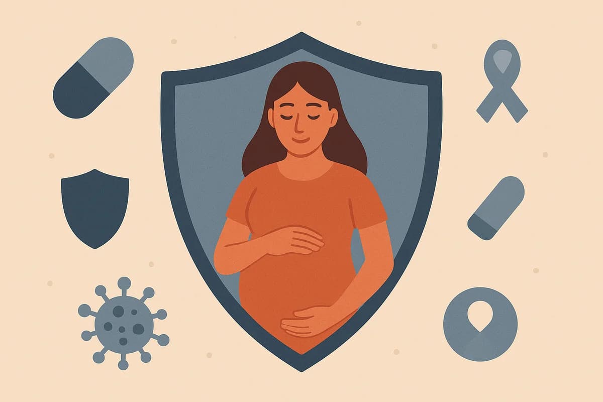 Femme enceinte protégée des MST avec des icônes de santé