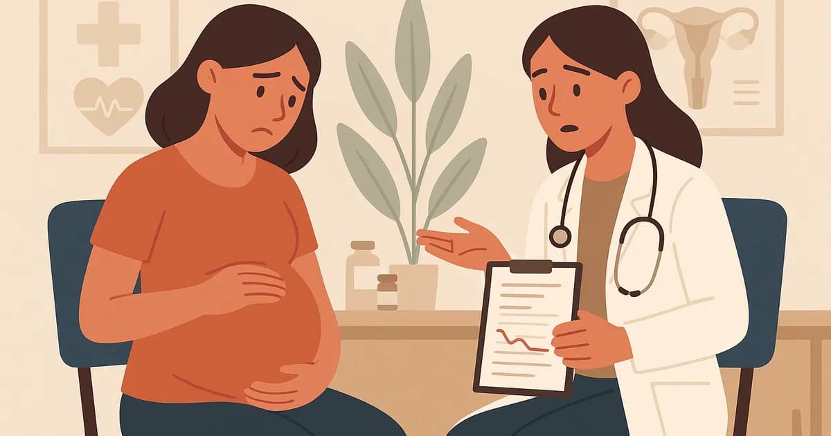 Illustration plate d’une femme enceinte dans le cabinet d’un médecin recevant des informations inquiétantes de son médecin, symbolisant le diagnostic d’une MST.