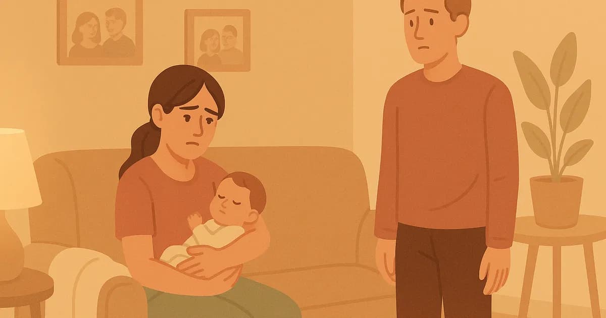 Illustration of a mother with her baby in her arms and her partner nearby, reflecting emotional distance but with a warm atmosphere.