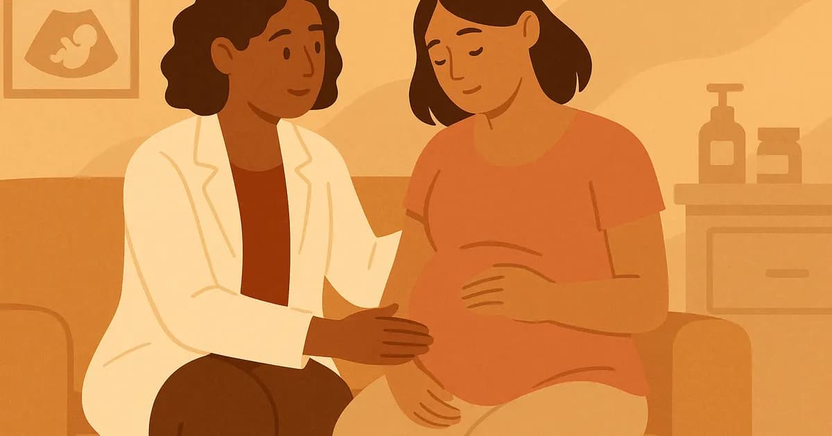 Illustration of a midwife lovingly accompanying a pregnant woman during an antenatal consultation.