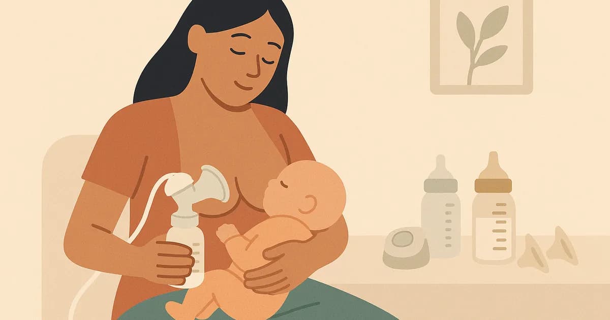 Illustration einer Mutter, die mit ihrem Baby und Fläschchen Stillhütchen und Milchpumpen in einer ruhigen und gemütlichen Umgebung verwendet.