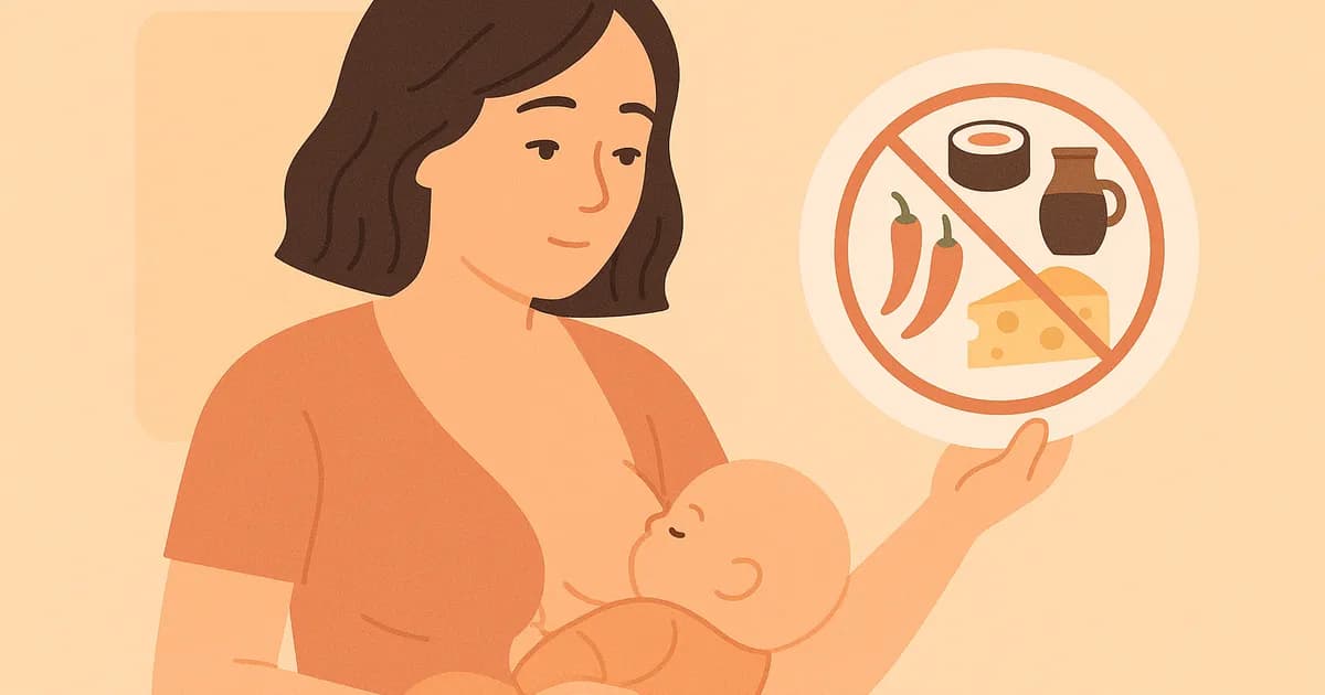 Ilustracja przedstawiająca matkę karmiącą z powątpiewaniem patrzącą na talerz z niezalecanymi potrawami, takimi jak sushi, kawa, ser i pikantne potrawy.