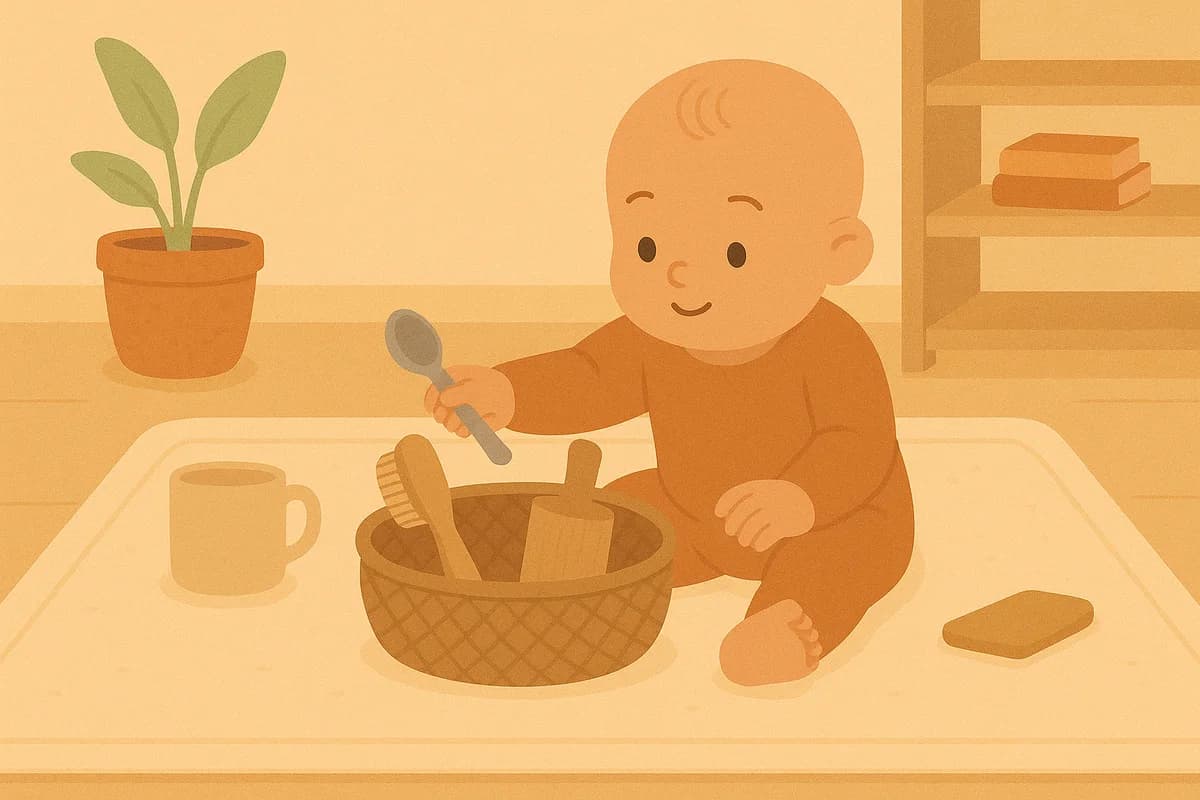 Baby exploring a treasure basket with everyday objects