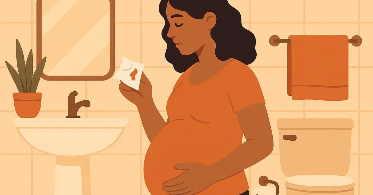Ilustracja przedstawiająca kobietę w ciąży obserwującą mały krwawy czop śluzowy na chusteczce do nosa w łazience.