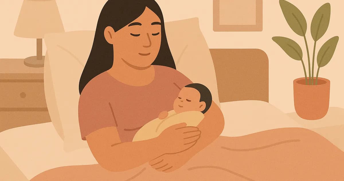 Ilustración de una madre con su bebé en brazos durante el posparto, descansando en la cama.