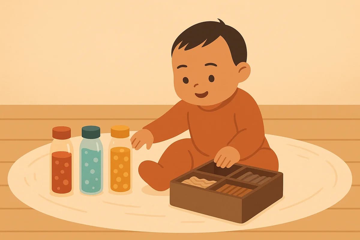 Bébé jouant avec des biberons sensoriels et une boîte de textures