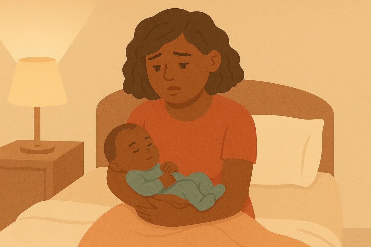 Mère avec bébé montrant des signes de tristesse post-partum