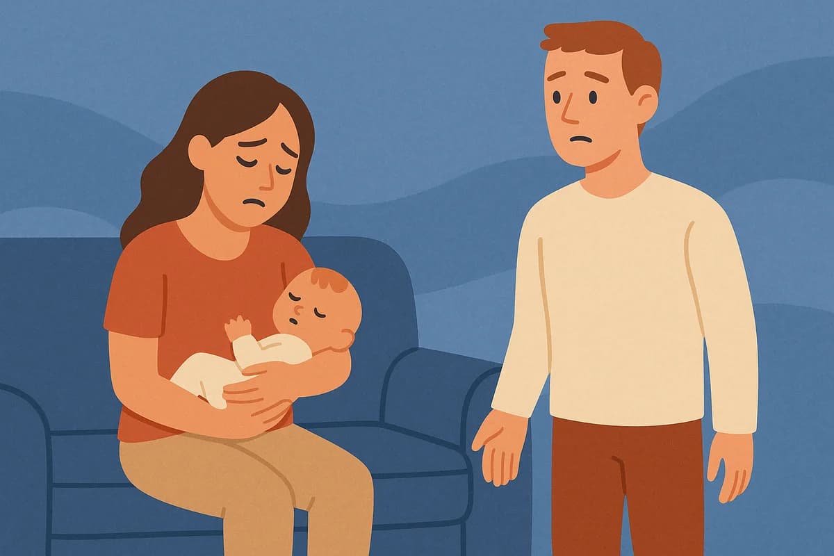 Illustration of an emotionally exhausted mother and her distant partner