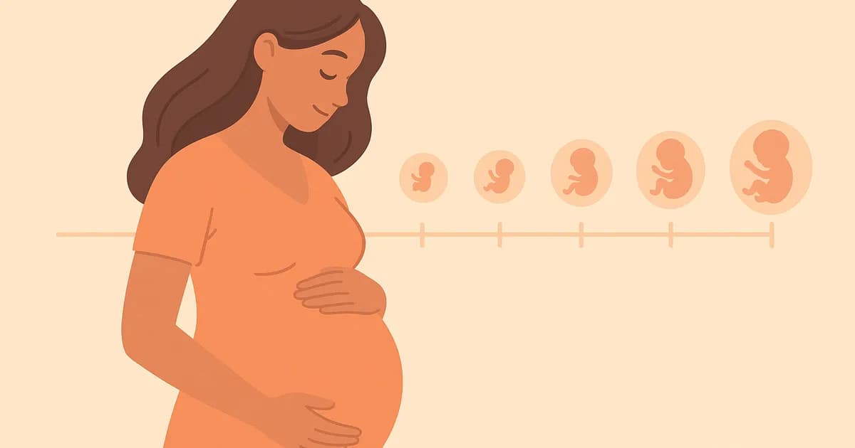 Illustration in flat design style of a pregnant woman touching her belly with a timeline behind it.