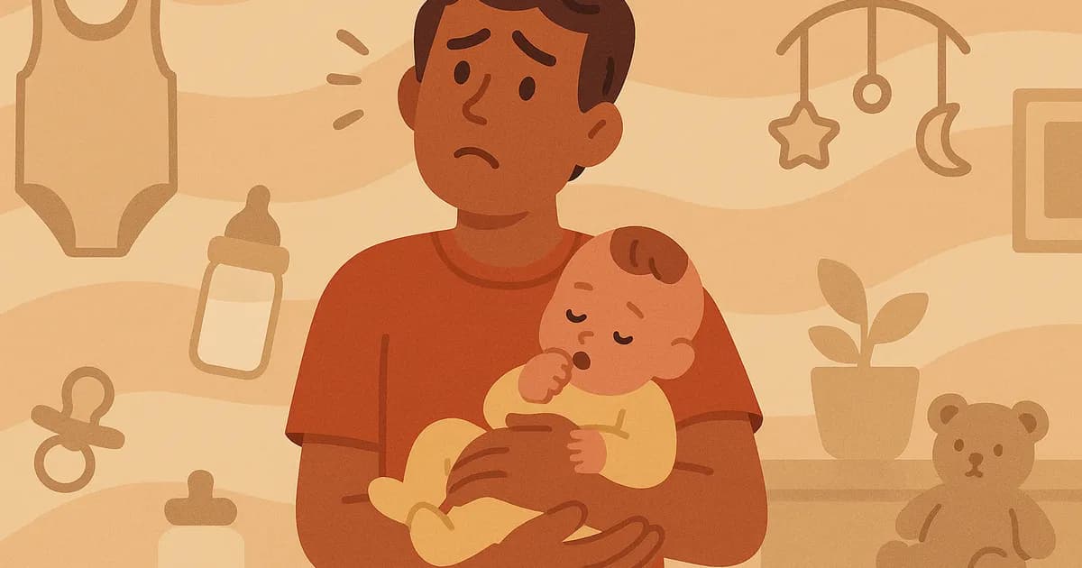 Illustration of a nervous new father with a baby in his arms and childcare objects around him at home.