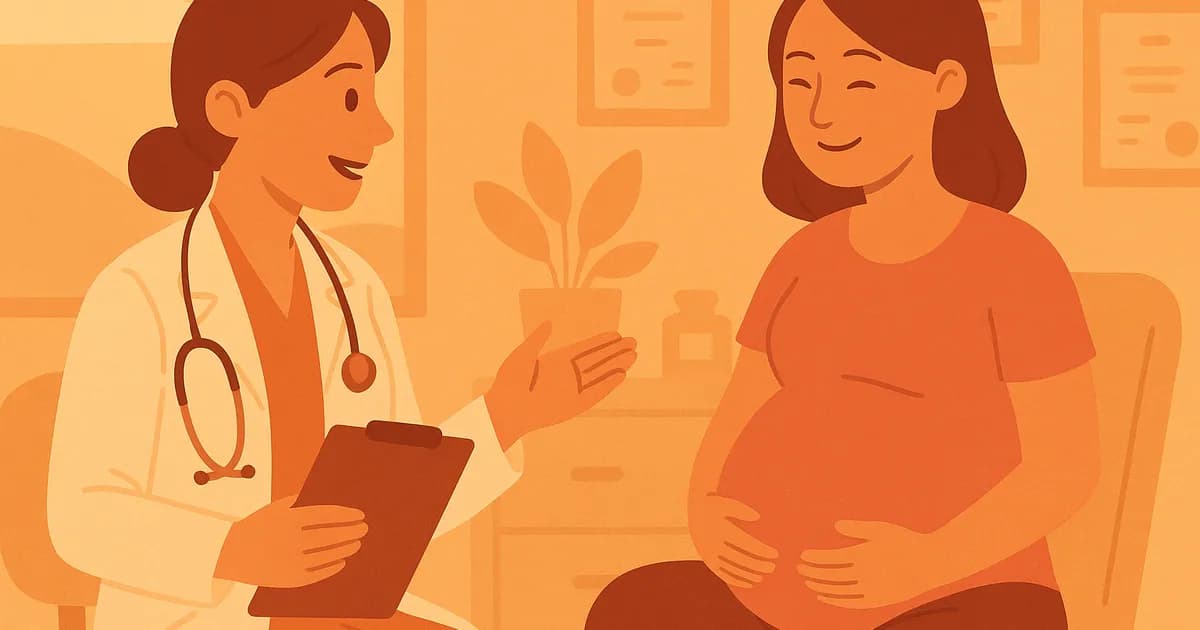Illustration of a pregnant woman talking to a doctor in a clinic, in a calm and welcoming environment