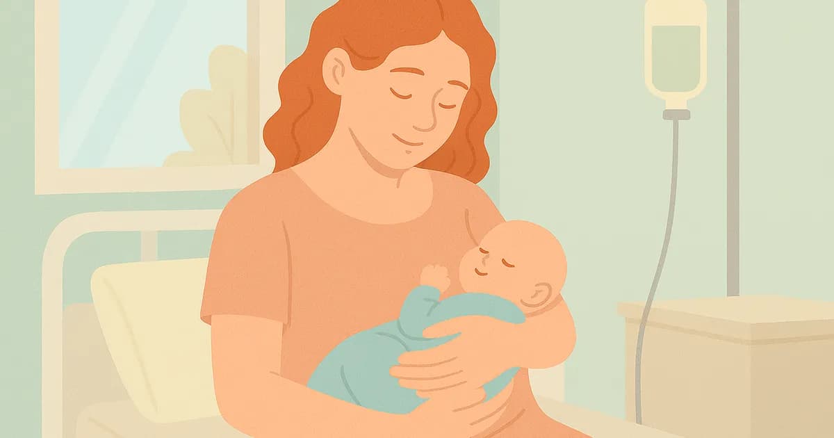 Mother hugging her newborn in a hospital room, with soft light and calm atmosphere.